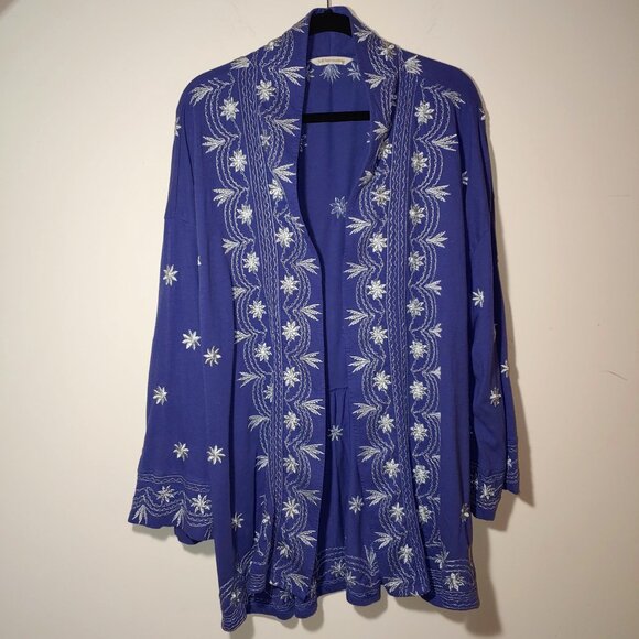 Soft Surroundings Blue Embroidered Kimono Open Front Cardigan One Size Women - Picture 1 of 9